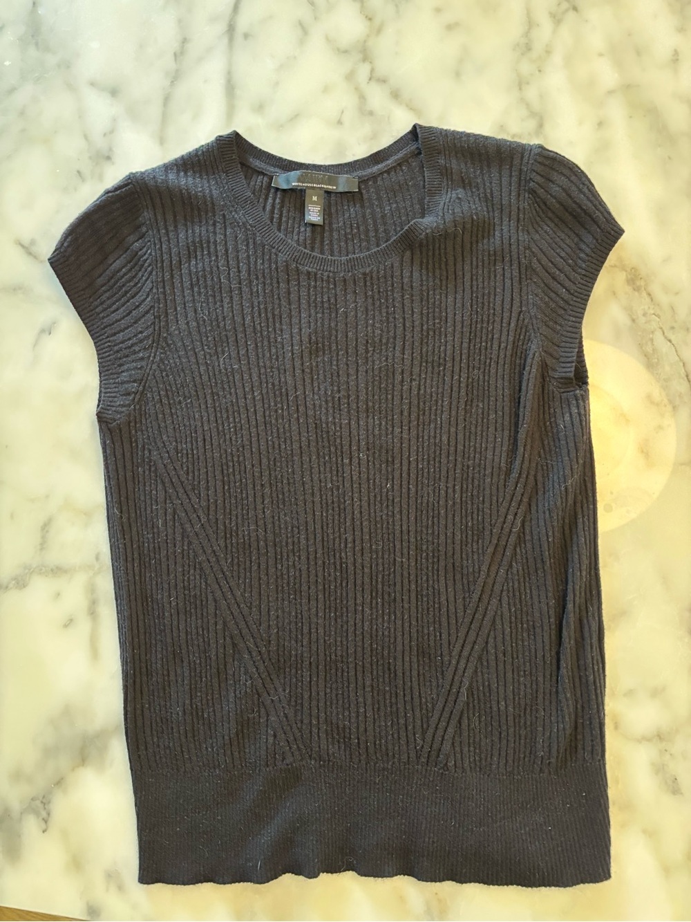 WHBM Black Ribbed Knit Cap-Sleeve Sweater Top